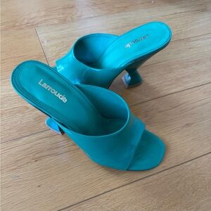 Larroude Green Patent Leather Mules with Sculptural Heel